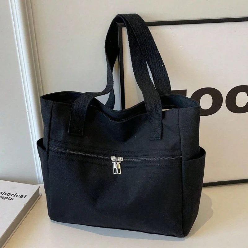 Casual Black Color Canvas Large Shopper Bag - Image 3