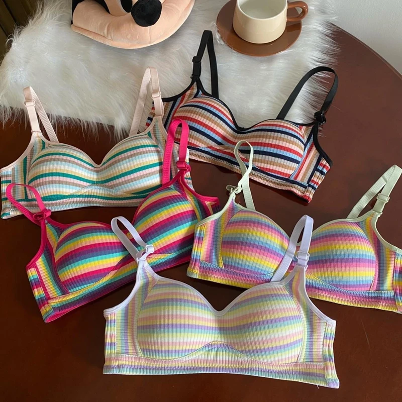 Spicy Girl Rainbow Striped Gathering Bra – Soft, Thin, Traceless, Colorful & Breathable