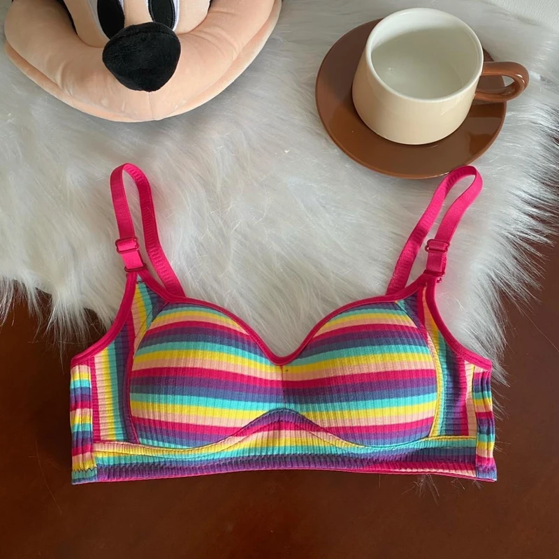 Spicy Girl Rainbow Striped Gathering Bra – Soft, Thin, Traceless, Colorful & Breathable