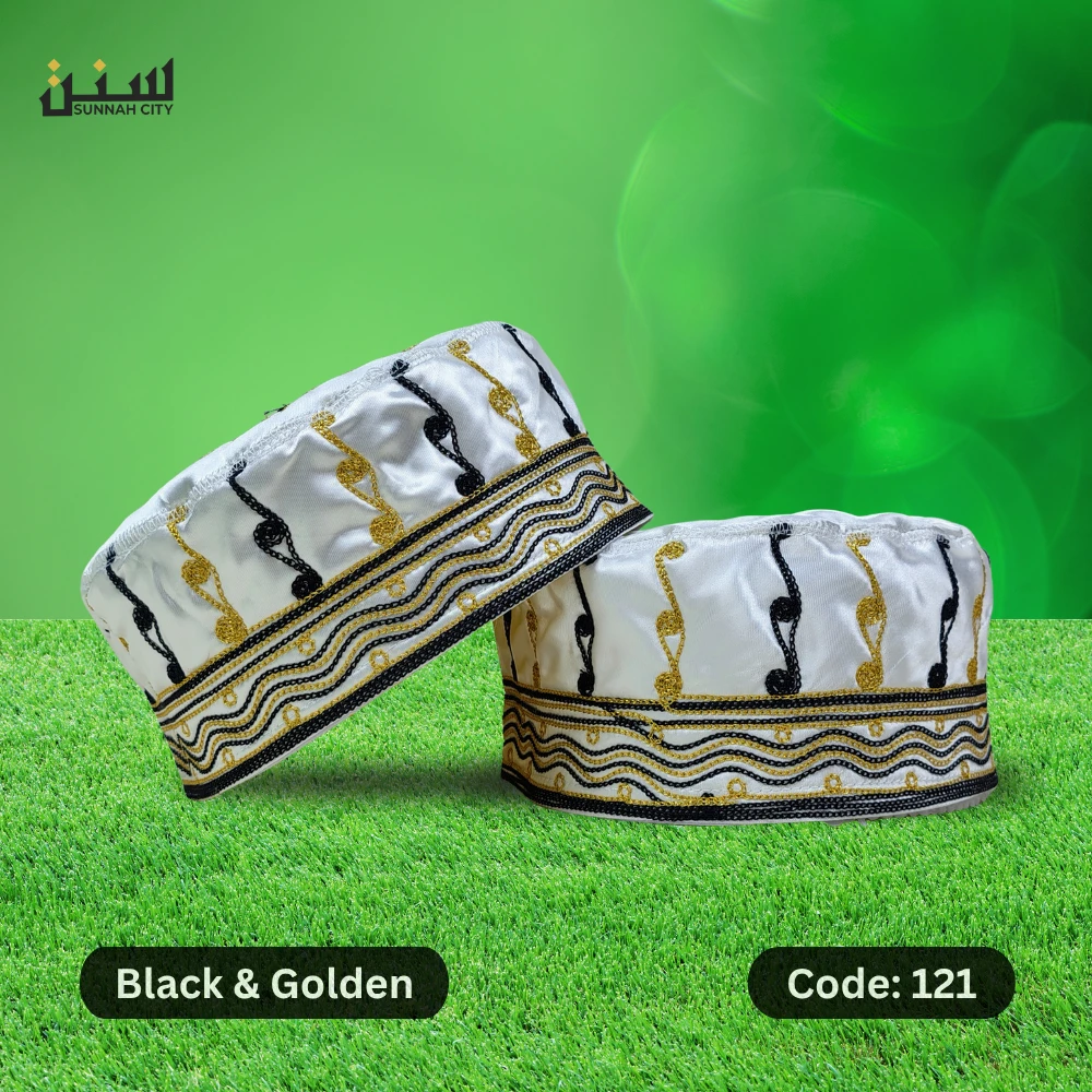 Premium Azhari Tupi – Elegant Islamic Prayer Cap with Gold & Black Embroidery