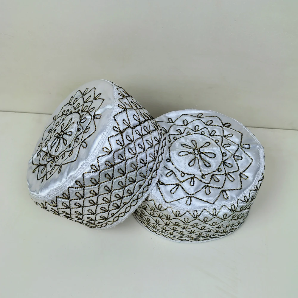 White Golden Embroidered Tupi – Elegant Handmade Islamic Cap for Men