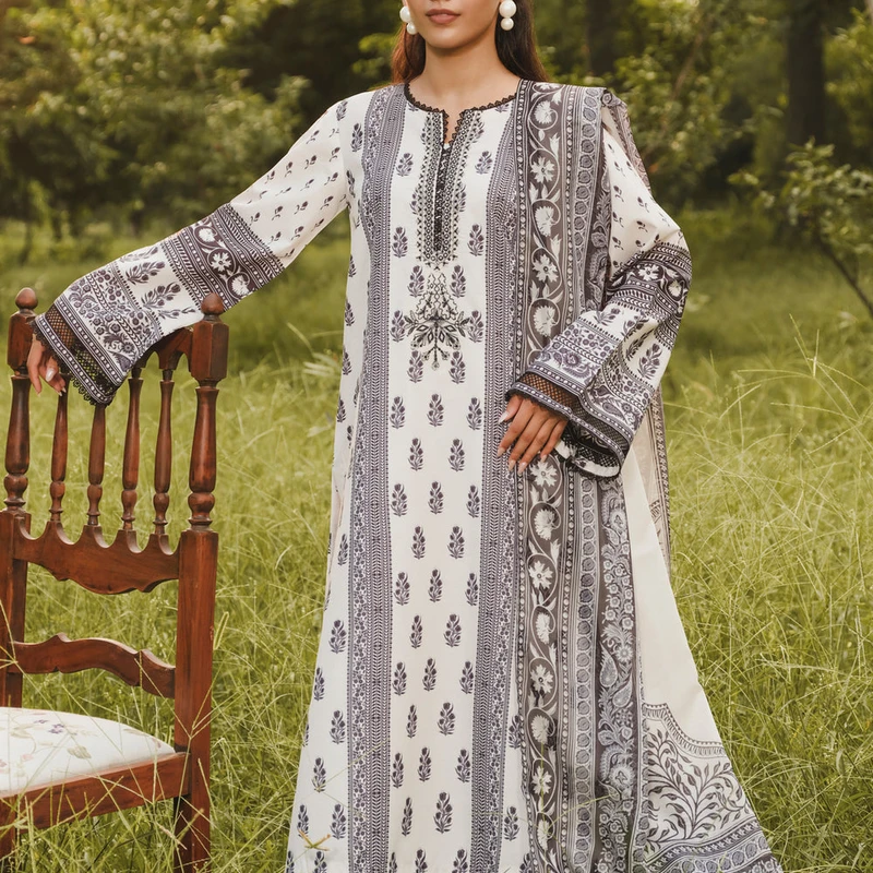 Printed White & Black Cotton Three-Piece | The Velvet Closet