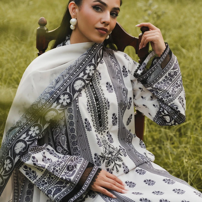 Printed White & Black Cotton Three-Piece | The Velvet Closet