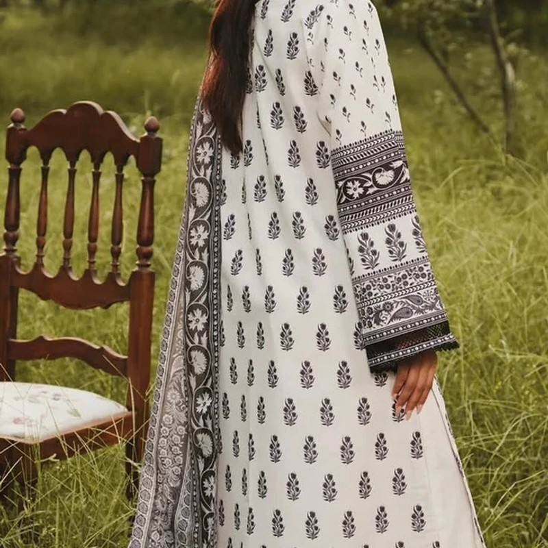 Printed White & Black Cotton Three-Piece | The Velvet Closet - Image 3