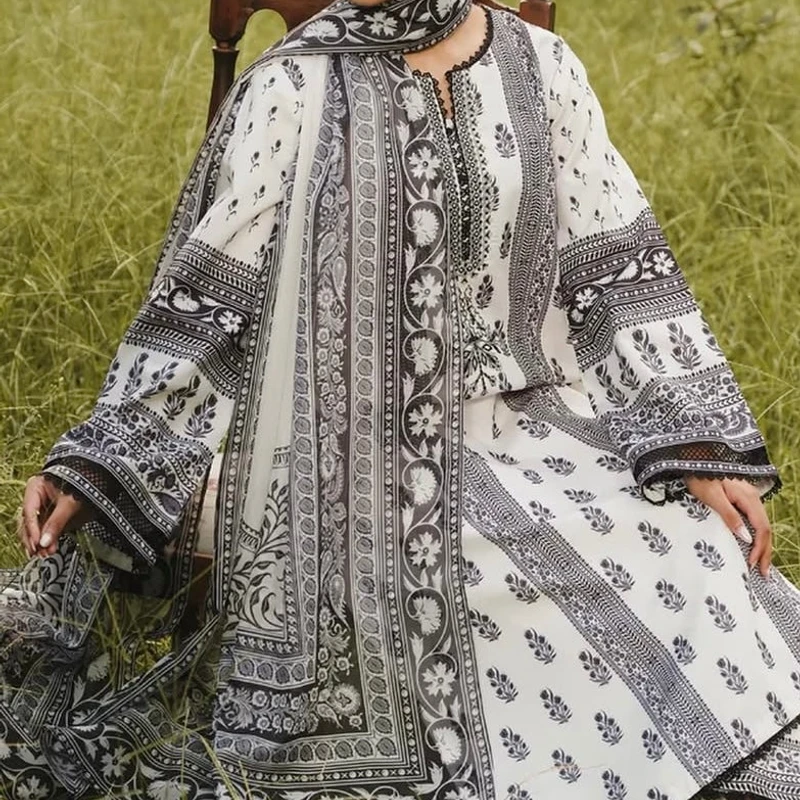 Printed White & Black Cotton Three-Piece | The Velvet Closet - Image 4