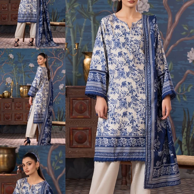 Printed Blue & White Cotton Three-Piece | The Velvet Closet