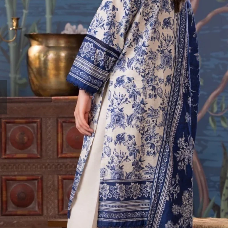 Printed Blue & White Cotton Three-Piece | The Velvet Closet