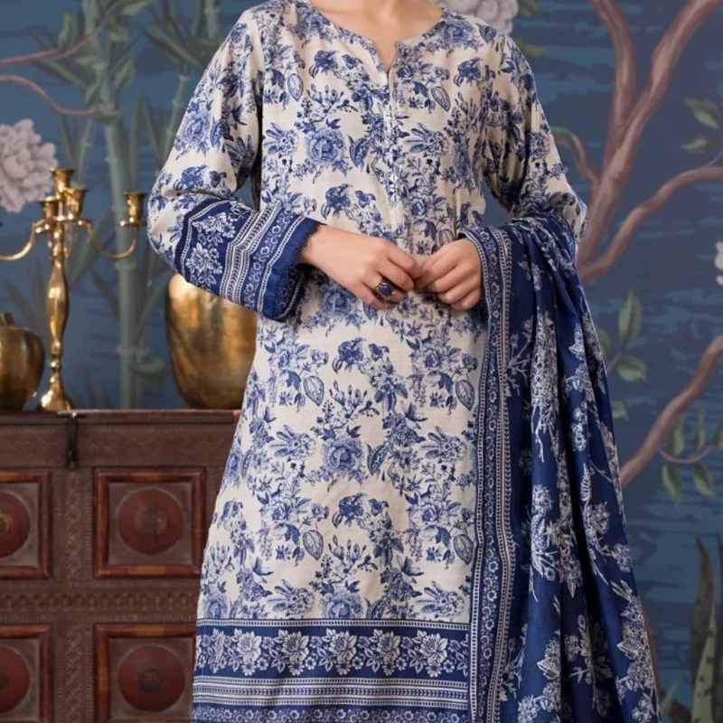 Printed Blue & White Cotton Three-Piece | The Velvet Closet - Image 4