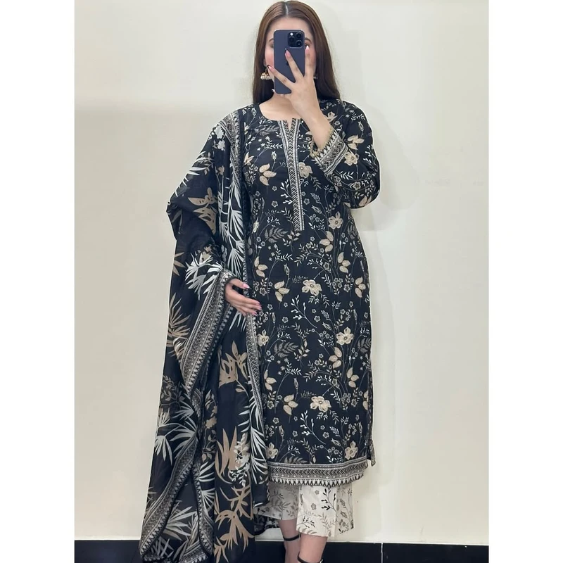 Printed Black & Cream Cotton Three-Piece with 5-Haat Orna | The Velvet Closet