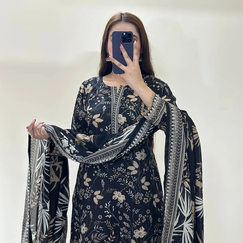 Printed Black & Cream Cotton Three-Piece with 5-Haat Orna | The Velvet Closet