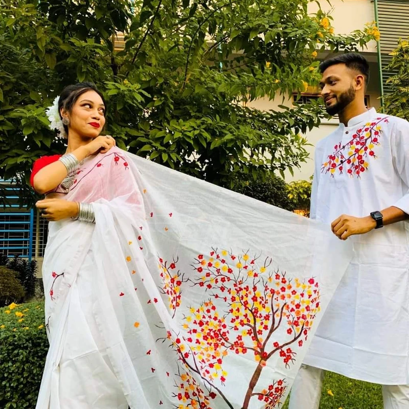 Hand Print Couple Set Saree and Panjabi-Package💙