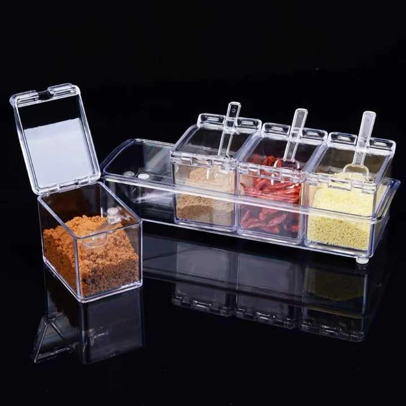 4 IN 1 Spice Jar Box With Spoon -Multi Crystal Seasoning Box