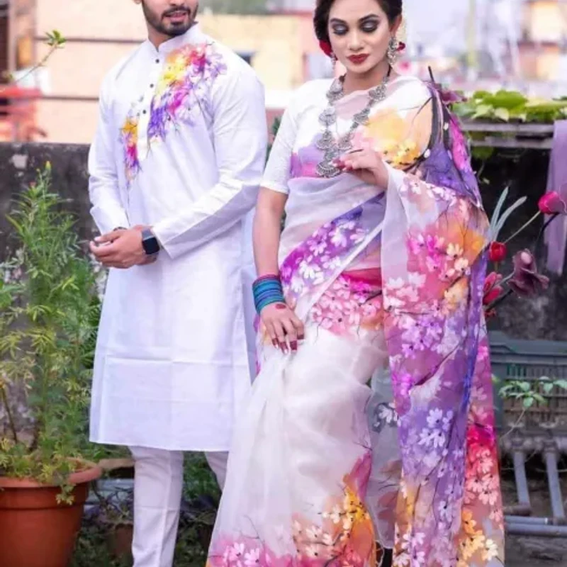 Hand Print Couple Set Saree and Panjabi-Package💙